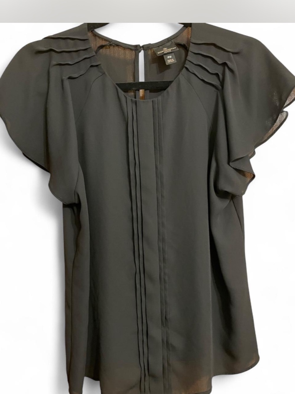 Worthington Black Pleated Flutter-Sleeve Blouse